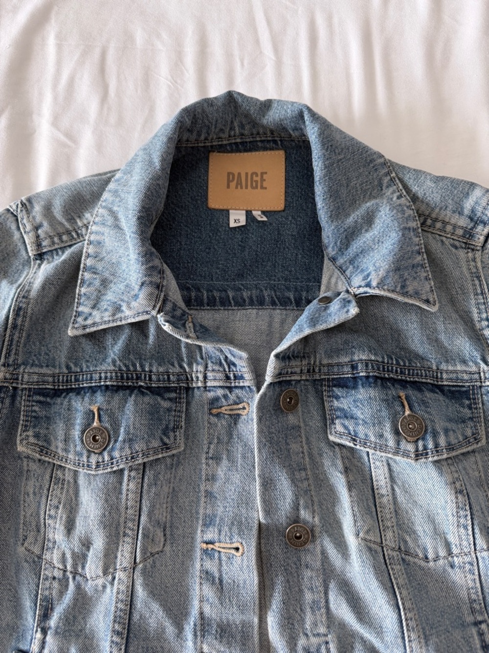 PAIGE Denim Jacket XS Cropped Blue Jean Jacket Embellished Trim Designer